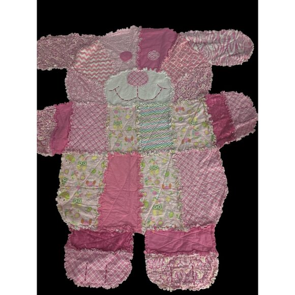 Pink Patchwork Bear-Shaped Quilt With Fringe & Owl Patterns For Toddlers Babies - Picture 3 of 16